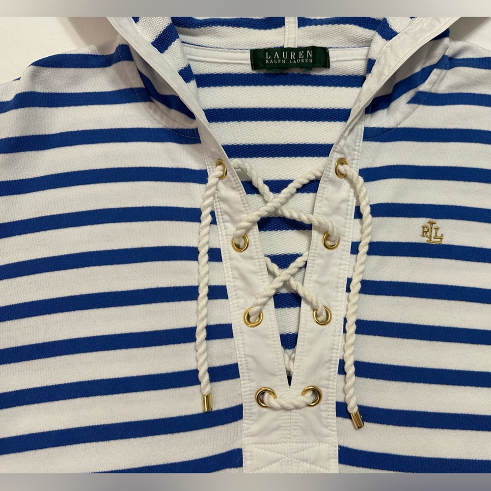 RALPH LAUREN BLUE WHITE STRIPED NAUTICAL V-NECK HOODIE POCKET XL SAILING PREPPY - Picture 7 of 10